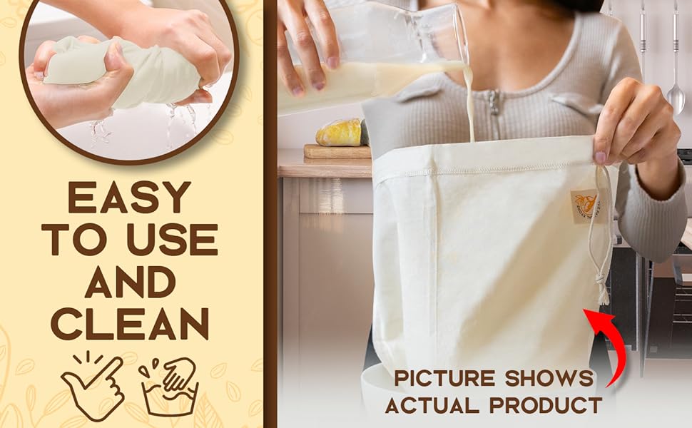 Model pouring nut milk into nut milk bag beside the description easy to use and clean
