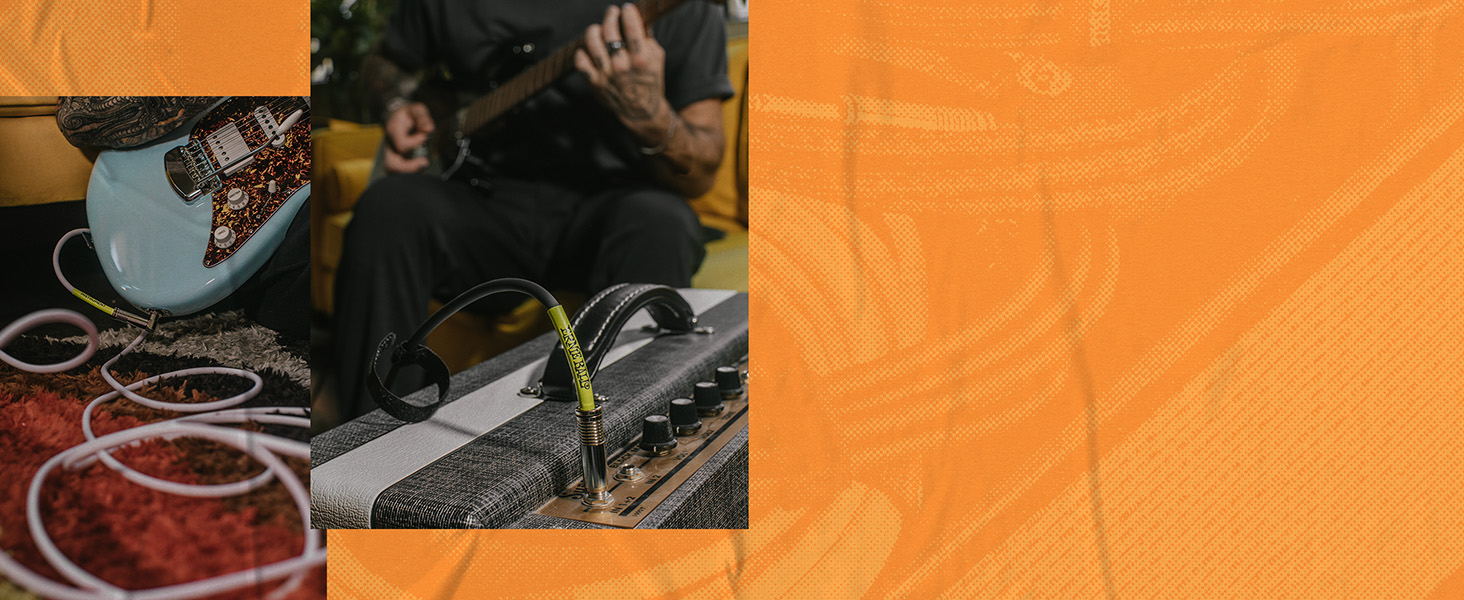 guitar, cables, and amp