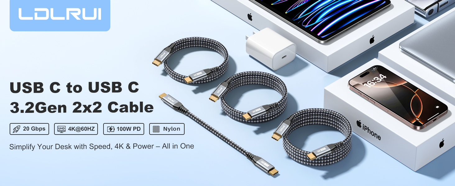 USB C to USB C 3.2Gen 2x2 cable 20Gbps data transfer, 4K 60HZ display monitor, 100W PD charging