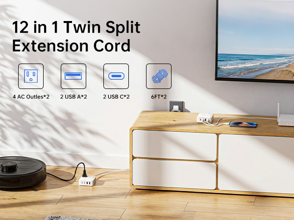 12 in 1 Twin Split Extension Cord