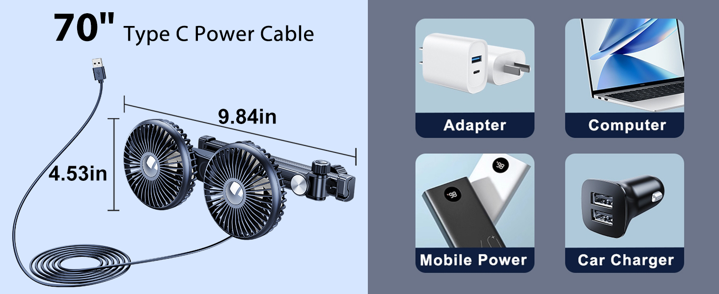 Nauttxon USB Car Fan for Backseat kids with Retractable Long Arm, equipped with 70&amp;#34; USB C Cable