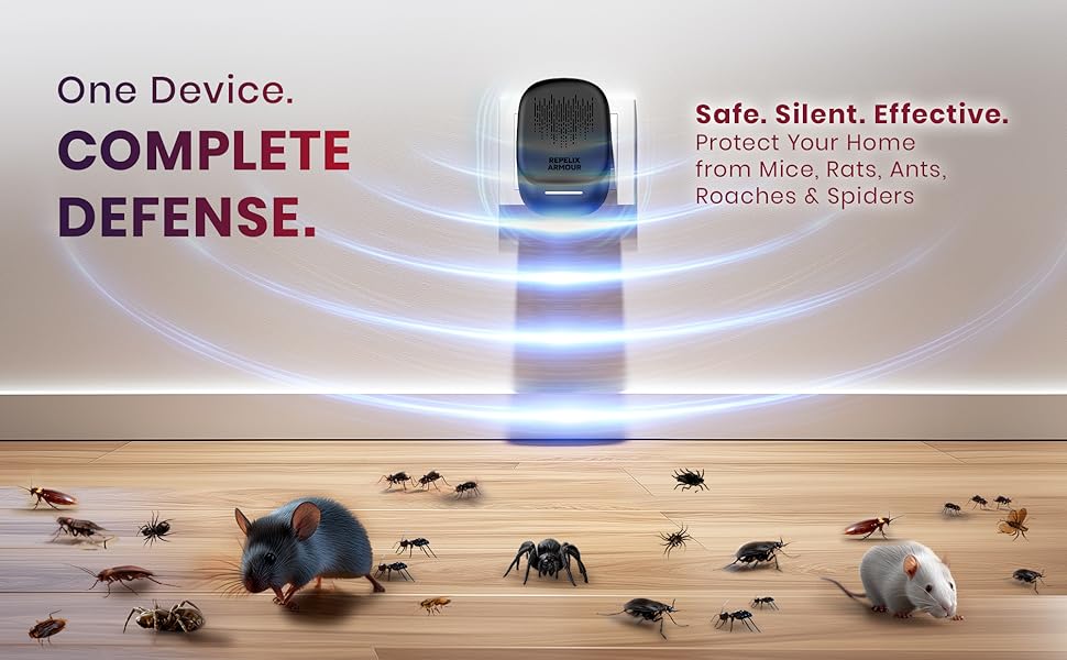 Text reads 'One Device', 'Safe. Silent. Effective.' and 'COMPLETE DEFENSE!'. Product advertisement showing insects on wooden surface with blue light device effect.