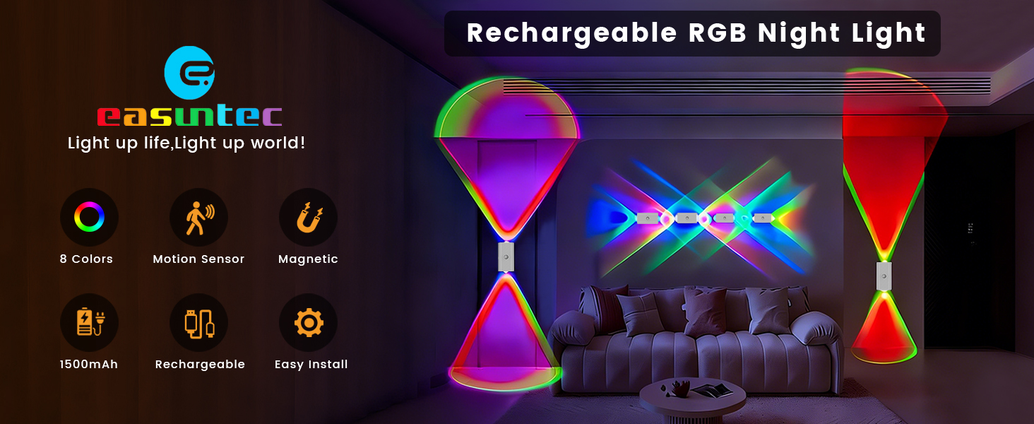 easuntec rgb night light rechargeable motion sensor color changing night light white A+ 001