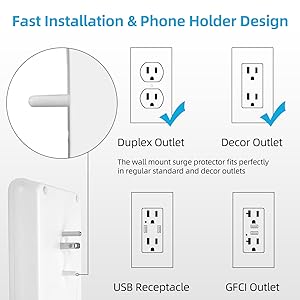 Wall Outlet with USB ports, 6 Outlet Wall Plug Extender with Switch, Wall Surge Protector Outlet