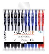 Zebra Pen Sarasa Clip gel retractable pens in packaging, red, blue and black ink colors, 12 Pack