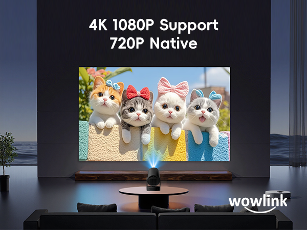 Home theater setup with projector displaying cat image on large screen. Text indicates 4K 1080P support and 720P native resolution. Wowlink brand visible.