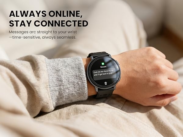 Text reads 'ALWAYS ONLINE STAY CONNECTED'. Close-up of smartwatch on wrist against beige textile background.