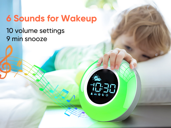 kids clock with 6 alarm sounds and 10 level volume for options