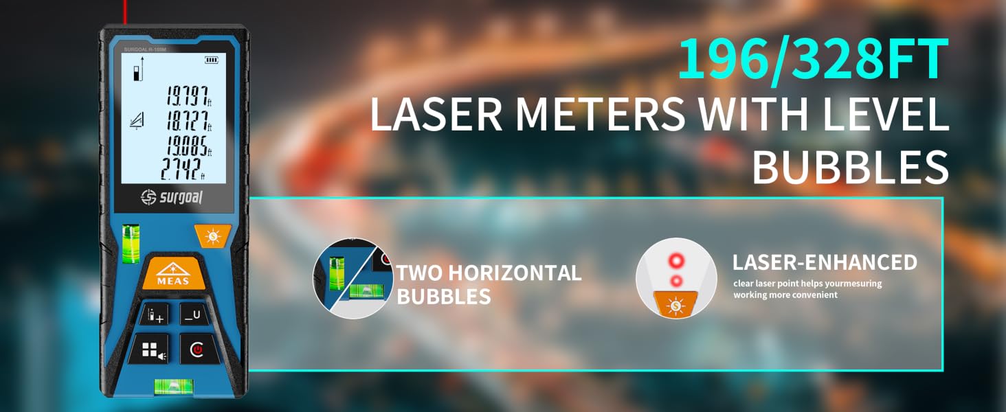 laser measure with 196/328ft range, dual bubbles, laser-enhanced aiming.