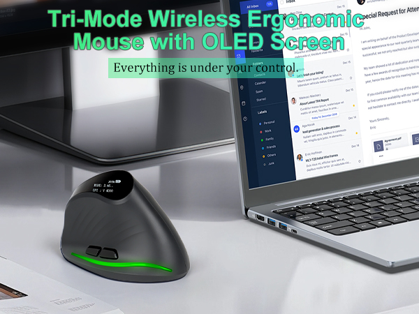 Tri-Mode Wireless Ergonomic Mouse with OLED Screen