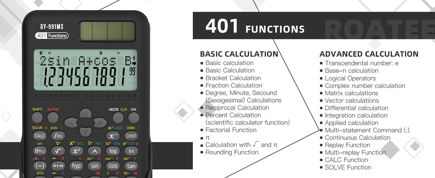 Scientific Calculators School Supplies, ROATEE 401 Functions 2-Line Display with Sliding Cover