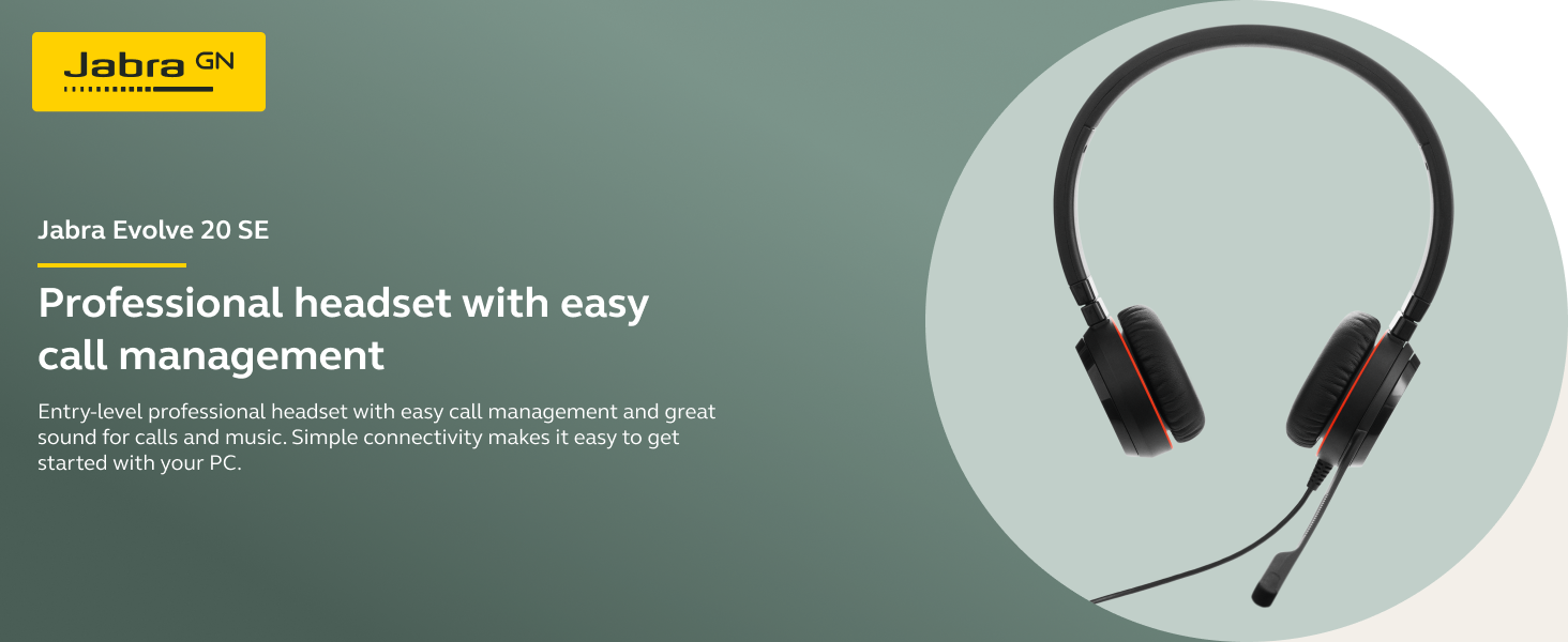 Jabra Evolve 20 SE, Professional corded headset USB headset, Call control headset,, On-ear headband