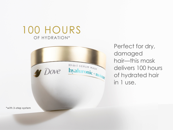 Dove Daily Moisture pot next to text about benefits to apply on dry hair to get 100H of hydration.