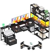 AODK 71 inch L Shaped Desk with 5 Drawers, Reversible L Shaped Gaming Desk with LED Light &amp; 2 Pow...