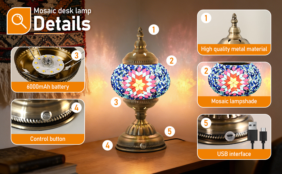 Caelumslvd Portable Turkish Bronze Base Table Lamp with 6000mAh Battery