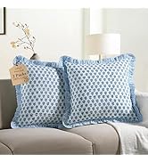 CPC Apatite Blue Ruffle Throw Pillow Covers for Couch, 24x24 Inch Cotton Stripe Ruffle Couch Pill...