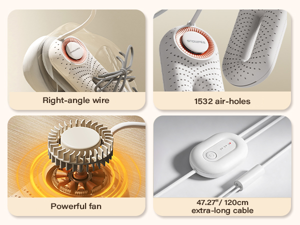 Product features showcase with text labels: 'Powerful fan', 'Highlighting wire', 'IS32 air holes', '1.17m extra long cable'. Technical product images showing ventilation and cable components.