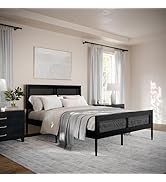 Martha Stewart Jax Platform Bed with Rattan Headboard and Footboard, Solid Wood Frame, Wooden Sup...