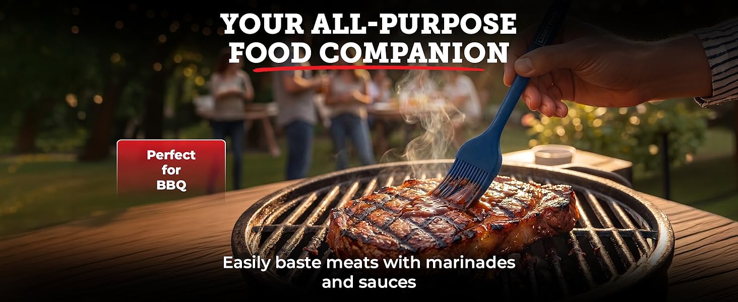 silicone brush being used for baking, BBQ glazing, and oil basting across different dishes