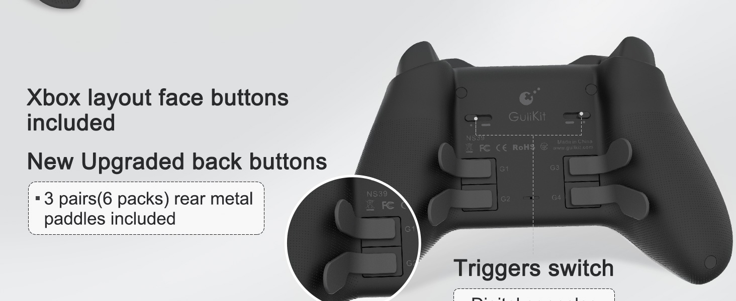 Text reads 'Xbox layout face buttons included', 'New Upgraded back buttons', '3 pairs(6 packs) rear metal paddles included', 'Triggers switch'. Shows gaming controller parts.