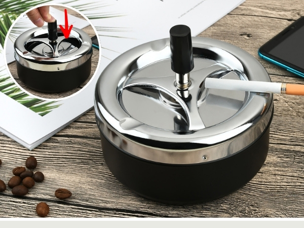 Round Push Down Spinning Metal Ashtray - Black