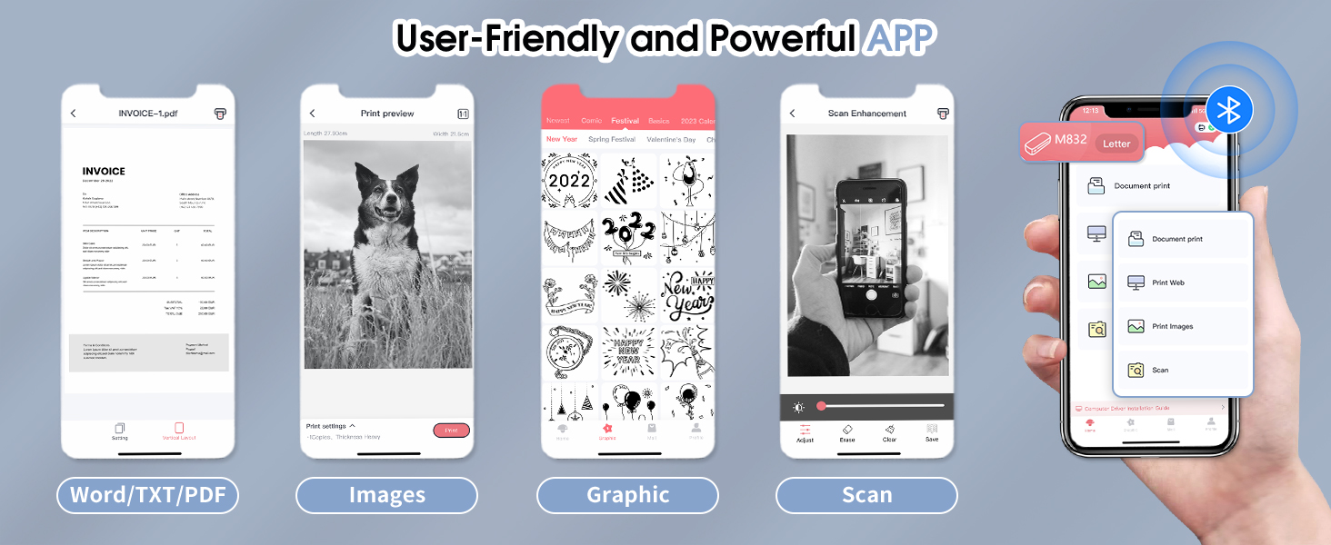 portable printers wireless for travel thermal bluetooth inkless 300dpi M832 phone laptop compact