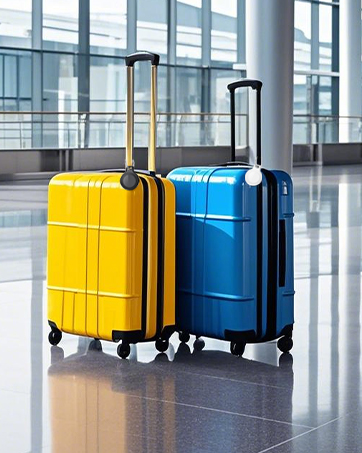 Two hard-shell rolling suitcases, one yellow and one blue, with telescoping handles and spinner wheels, standing in an airport terminal with glass windows and columns.