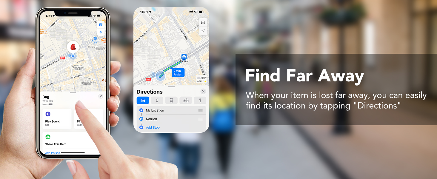 Smartphone screens displaying map application with location pins and route information. Text overlay reads 'Find Far Away'.
