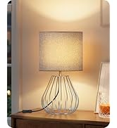 GOEBLESON Small Table Lamp, Bedside Lamp with Gray Linen Lampshade &amp; Silver Metal Base, Modern Ni...