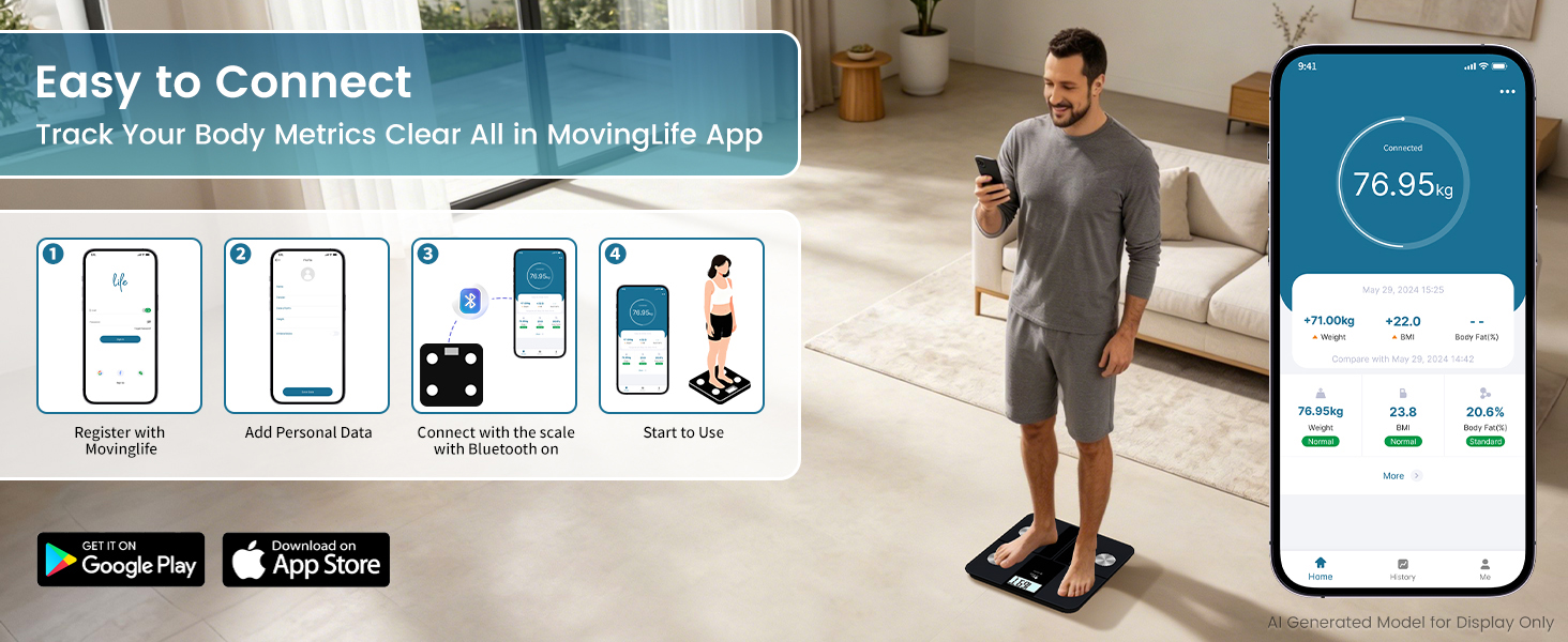 Easy to connect: Gain your complete body metrics via MovingLife app on Google Play and App Store