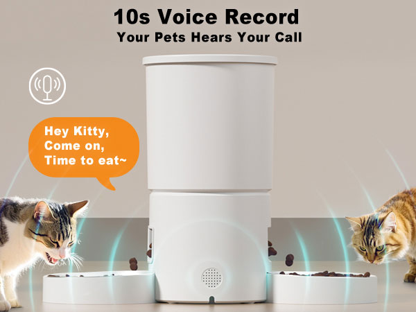 Text reads '10s Voice Record Your Pets Hears Your Call'. White cylindrical device with speech bubble showing 'Hey Kitty, Come on! Time to eat~'. Two cats looking at device.