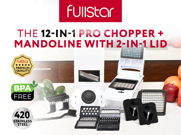 Fullstar 12 in 1 chopper mandoline with 2 in 1 lid product banner