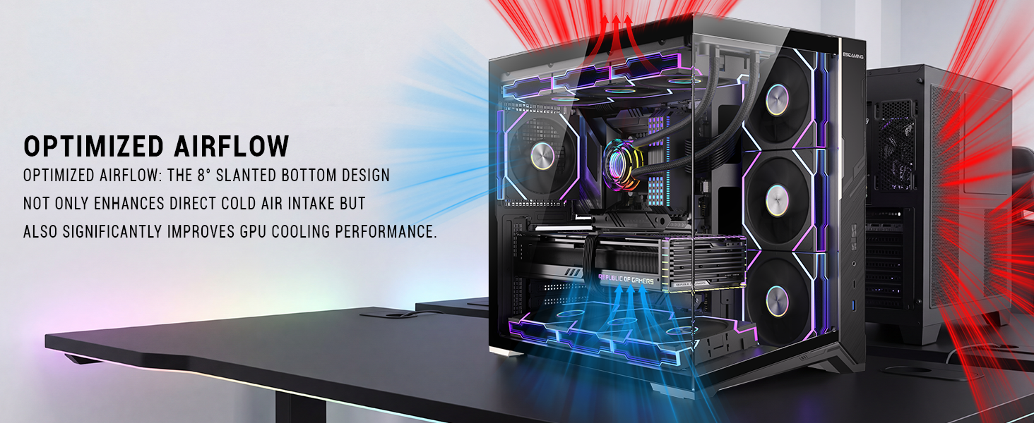 ESGAMING ATX Mid Tower PC Case 360MM RAD Support, 8° Slanted Base, 270° Full View Tempered Glass Gam...
