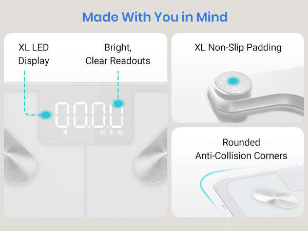 XL LED display, bright clear readouts, XL non-slip padding and rounded anti-collision corners