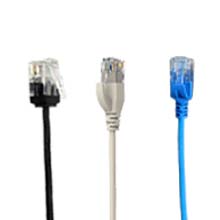 Three ethernet cables in different colors - black, white, and blue - displayed side by side.