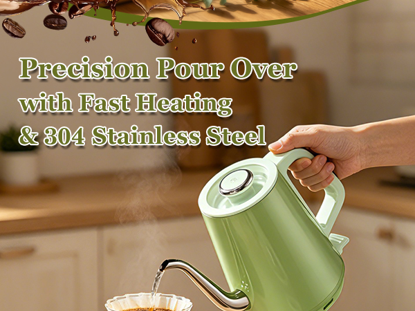 Modern sage green kettle on a clean kitchen countertop next to a coffee grinder and beans