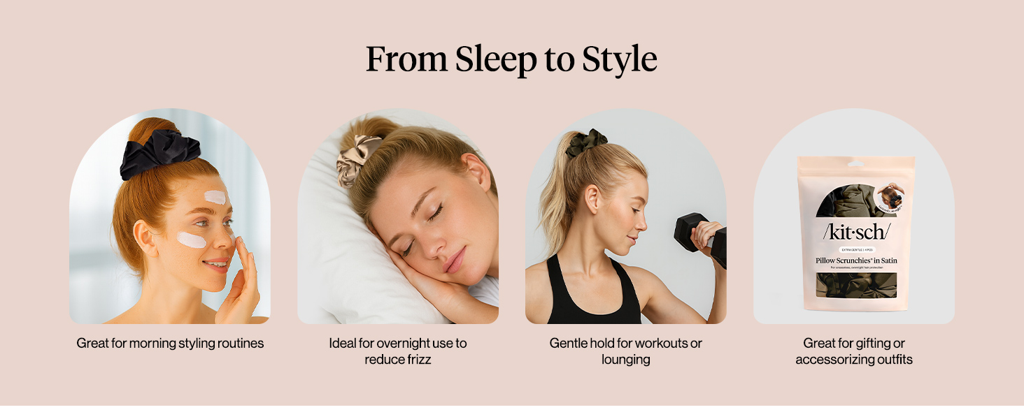 Kitsch Pillow Satin Scrunchies for Women Black, 4pcs