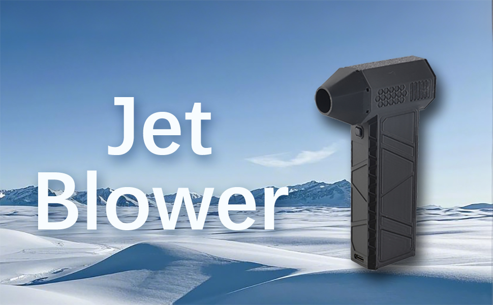 Black handheld jet blower device against snowy mountain background. Text 'Jet Blower' overlaid on image.