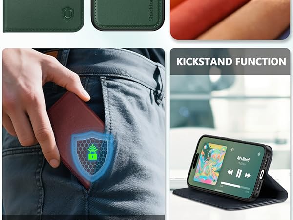 Text reads 'KICKSTAND FUNCTION'. Multiple product views of a mobile device case showing various angles and positioning options, including kickstand feature.