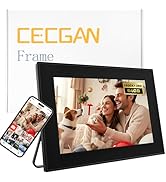 Text reads 'CECGAN Frame'. Black digital photo frame with stand shown alongside smartphone displaying connected app interface.