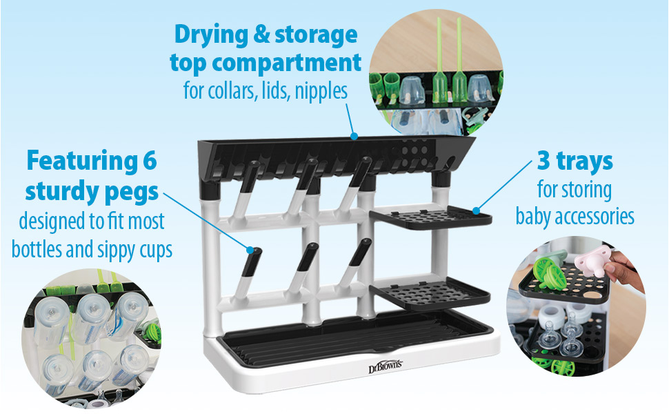 Featuring 6 sturdy pegs designed to fit most bottles and sippy cups