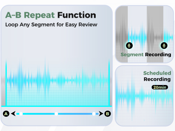 The voice recorder supports: A–B Repeat Function, Scheduled Recording, Segment Recording