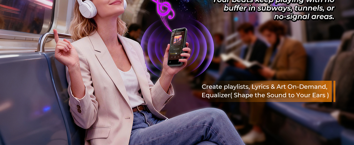 Person sitting on a subway bench, holding a MP3 playe with music-related features displayed