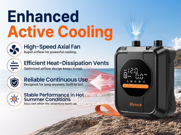 Text reads 'Enhanced Active Cooling' with 'High-Speed Aioli Fan' and blue checkmark, 'Reliable Continuous Use' with pink heart icon, and product image of black and silver portable device on desert background.