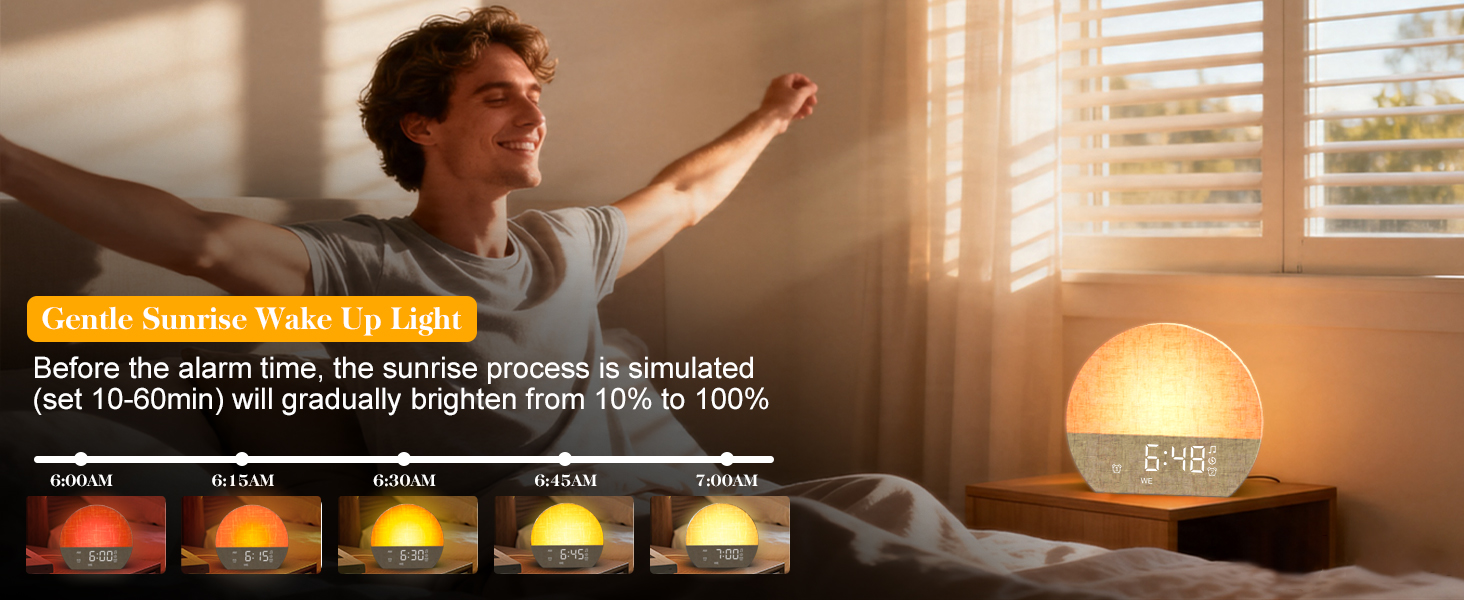 Text reads "Before the warm 1080, the sunrise process is simulated with different colors providing a friendly wake-up experience". Person in bed with glowing warm light lamp creating sunrise simulation effect.