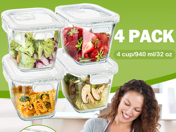 Square Glass Soup Containers with Lids, 4 Cup Glass Storage Containers for Lunch,