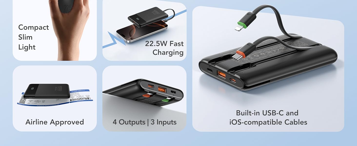 Compact Slim Power Bank, 22.5W Fast Charging, Airline Approved battery backup, 4 Outputs,3 Inputs