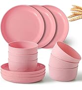 RVXHUA Wheat Straw Plates and Bowls Set, 12PCS Reusable Plastic Dinnerware Set, Microwave and Dis...