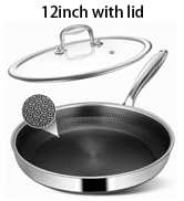 Vocvee Non Stick Frying Pans, 12-inch with Lid, Hybrid Frying Pans Nonstick Stainless Steel Skill...