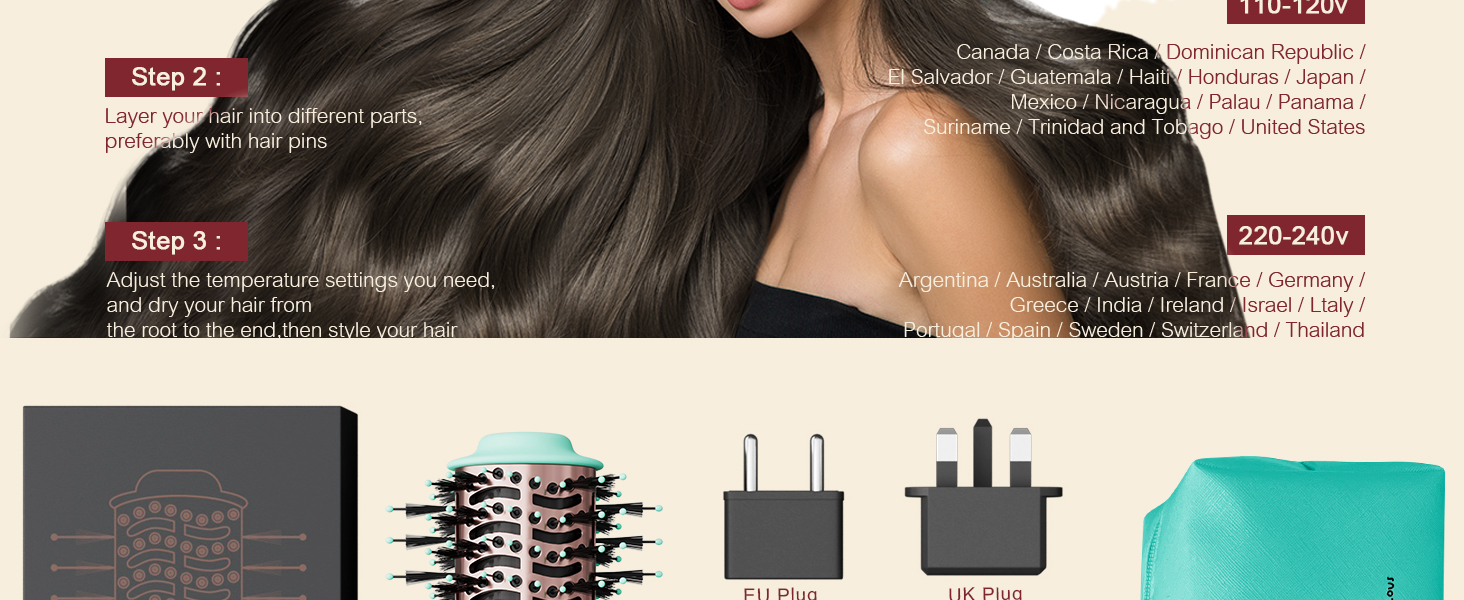dual voltage 110/220 hair dryer brush for international travel